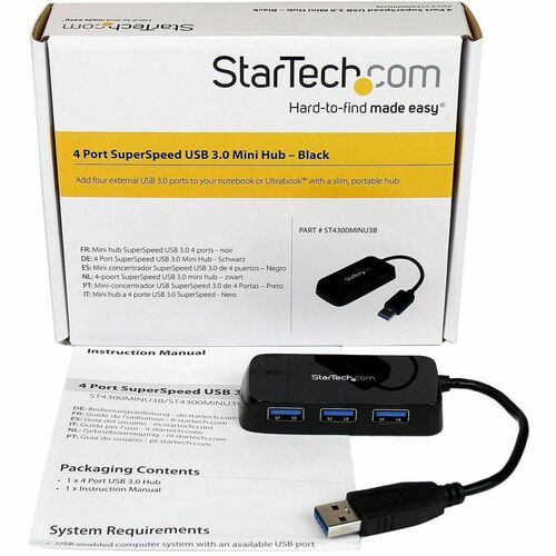 PORTABLE 4 PORT MINI USB 3.0 HUB - BLACK