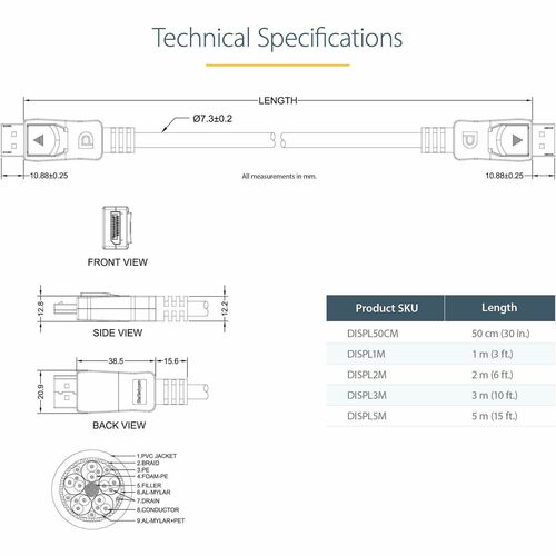 0.5M DISPLAYPORT CABLE WITH LATCHES M/M