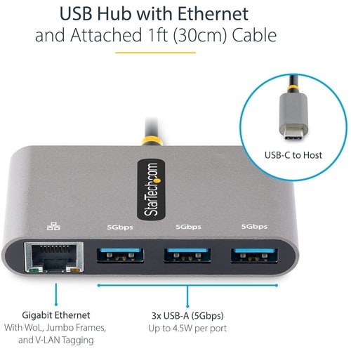 3-Port USB-C Hub with Ethernet Portable