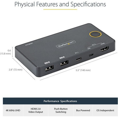 2 Port USB-A + HDMI/USB-C KVM Switch 4K
