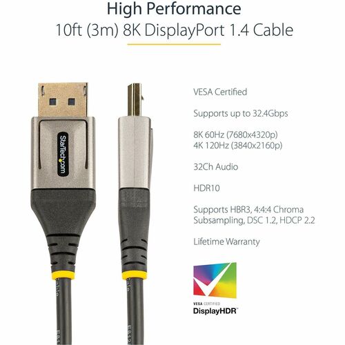 10ft Certified DisplayPort 1.4 Cable 8K